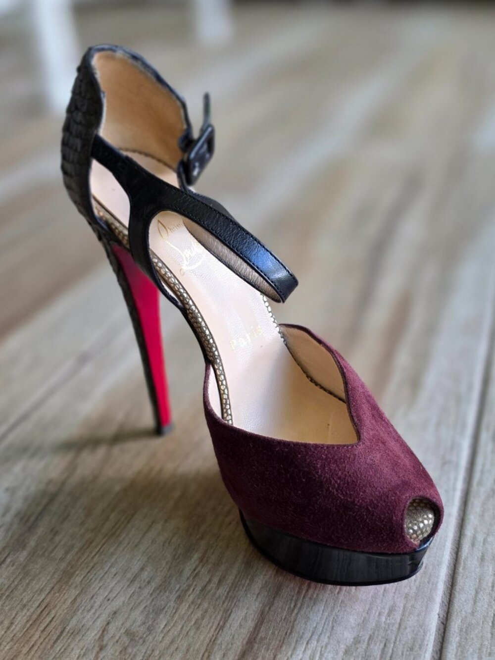 Christian Louboutin Wine Suede & Black Python D"Orsay Open toe Pumps Eur. 36